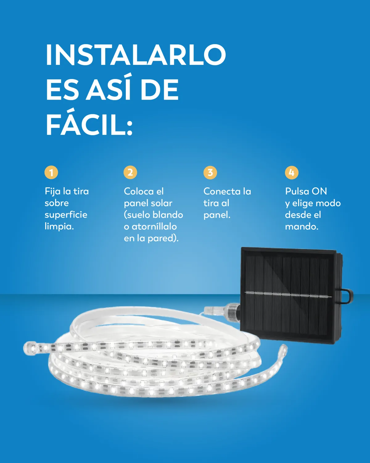 Pieza: instalar la tira LED solar en cuatro pasos.